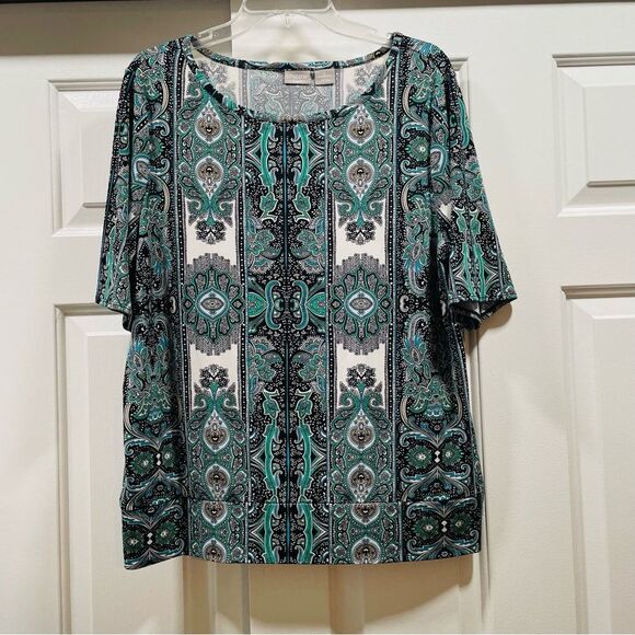 CHICO’s Travellers Green Paisley Top Size 2 US 12 - Picture 1 of 11